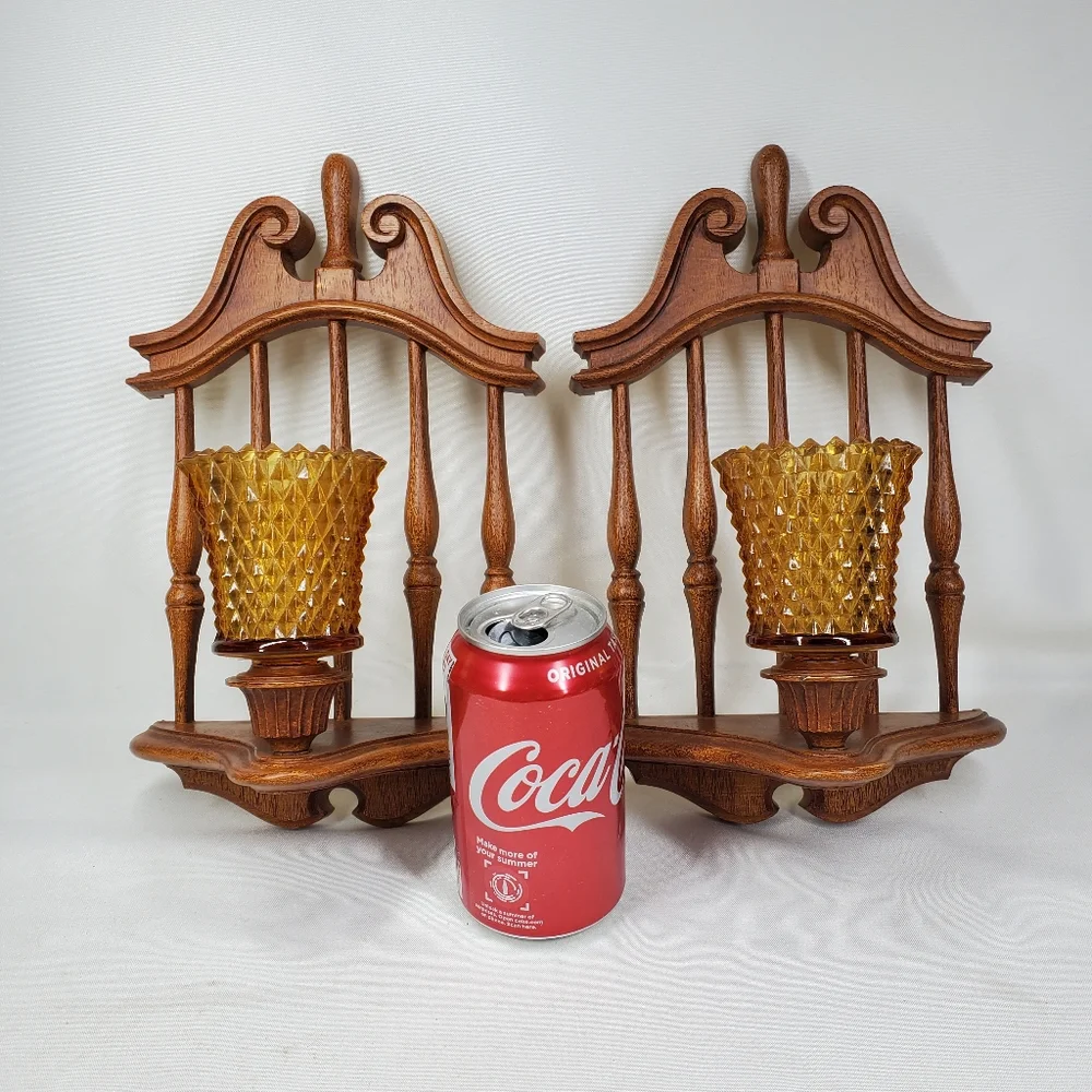 2 Vintage Mid Century 1974 Homco Candle Wall Sconces Amber Diamond Glass Votive.